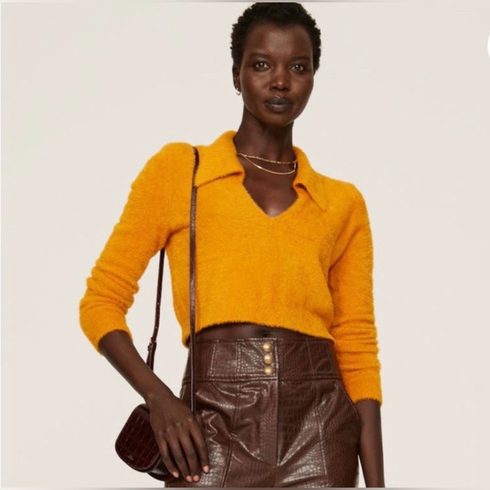 525 America Mustard Eyelash Collared Cropped Fuzzy Sweater Women’s Medium